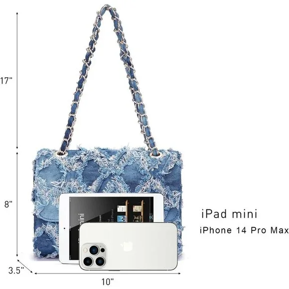 MKP Small Quilted Denim Crossbody Bag for Women, Chain Strap Evening Clutch - Picture 2 of 6